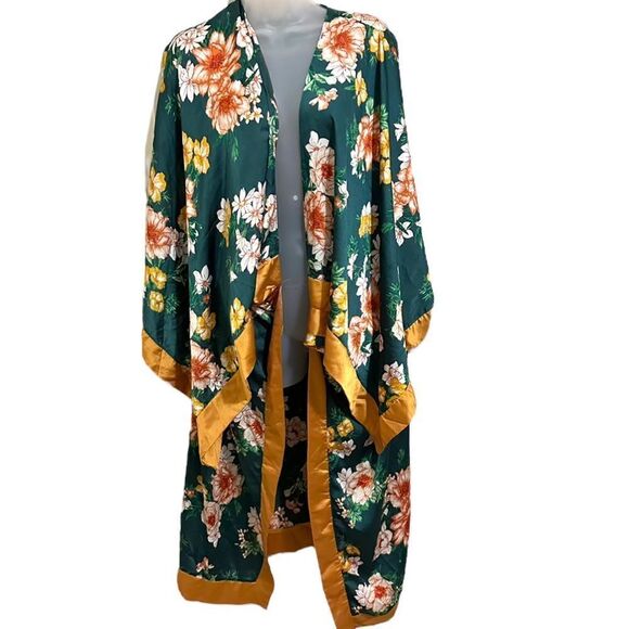Boohoo Kimono Japanese Floral Green Gold Formal Wide Bell Sleeves Midi Duster - Picture 1 of 6